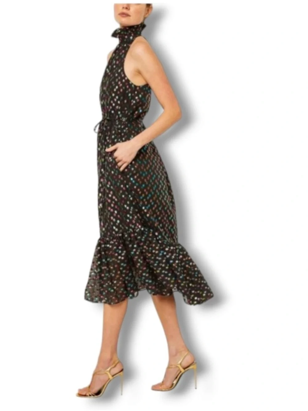 Misa Los Angeles Winona Rainbow Metallic Clip Dot Halter Dress XS